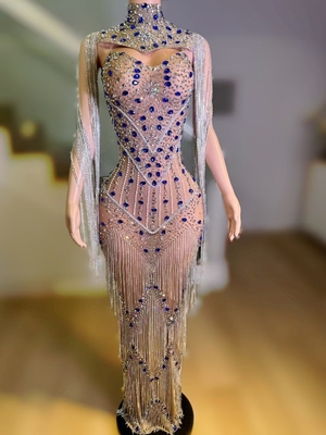 AD2282 Long Sleeve Beaded Fringe Crystal Diamond Luxury Evening Gown with Intricate Craftsmanship and Beautiful Details