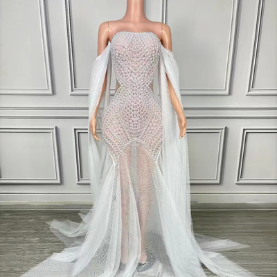 Sleeve Type Regular Sleeve AD2283 White Long Shirt Sexy Abundant Pearl Wedding Dress Elegant Sexy Ladies' Elegant Dress