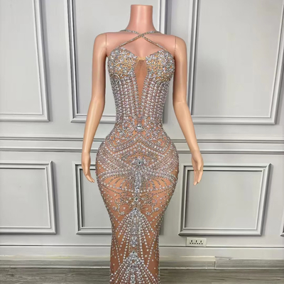 AD2288 Kimshein Fashion Backless Party Dress for Women Elastic Mesh and Crystal Diamonds Customizable Logo Position