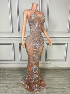 AD2288 Kimshein Fashion Backless Party Dress for Women Elastic Mesh and Crystal Diamonds Customizable Logo Position