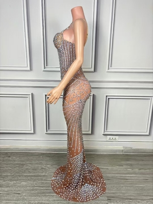 AD2288 Kimshein Fashion Backless Party Dress for Women Elastic Mesh and Crystal Diamonds Customizable Logo Position