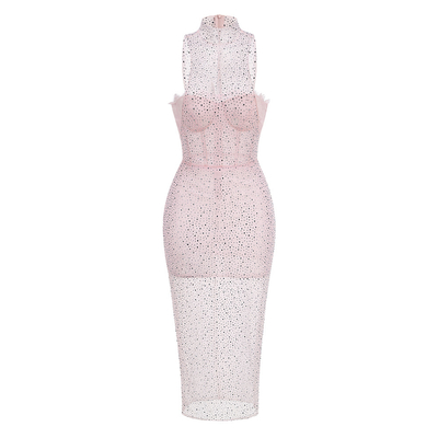 SB3118 Kimshein Midi Dress Sexy Sheer Panels Elegant Mesh and Dazzling Rhinestones for a Show-Stopping Evening Ensemble