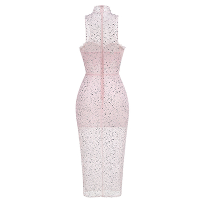 SB3118 Kimshein Midi Dress Sexy Sheer Panels Elegant Mesh and Dazzling Rhinestones for a Show-Stopping Evening Ensemble