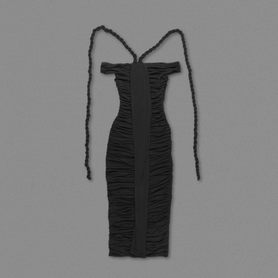 SB3206 Elegant Black Off-shoulder Dress with White Black Pleated Hem and Tight-fitting Silhouette Detachable Straps