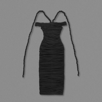 SB3206 Elegant Black Off-shoulder Dress with White Black Pleated Hem and Tight-fitting Silhouette Detachable Straps