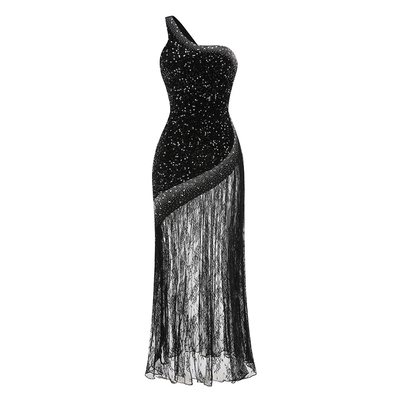 Kimsheinfashion Lace Long Evening Dress One-Shoulder Fashion Party Dress Luxury Rhinestone Sequin Sleeveless Ball Gown