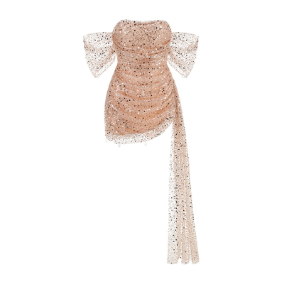 SB3210 Beige Party Dress Off-Shoulder Mini Dress with Pleated Edge Long Silk Ribbon and Elastic Material Limited Stock