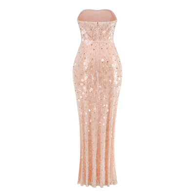 Elegant White Pearl Maxi Cocktail Dress with Shiny Sequins Strapless and Pure Color Pattern Made of Spandex/Polyester