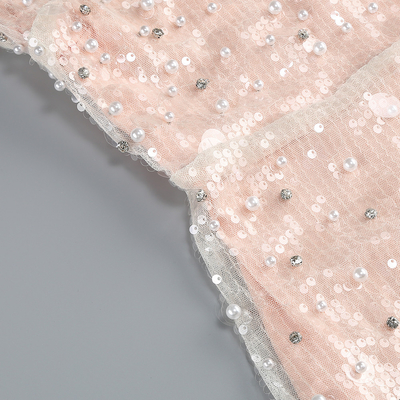 Elegant White Pearl Maxi Cocktail Dress with Shiny Sequins Strapless and Pure Color Pattern Made of Spandex/Polyester