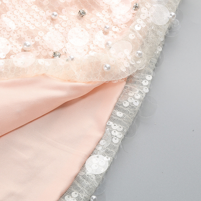 Elegant White Pearl Maxi Cocktail Dress with Shiny Sequins Strapless and Pure Color Pattern Made of Spandex/Polyester