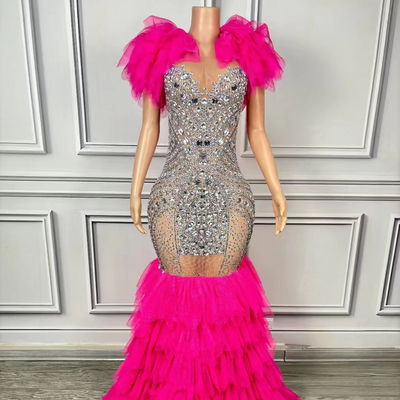 Bodycon Night AD2286 Mermaid Wedding Dress with Ruffled Edge and Elegant Water Diamond Crystal Evening Party Dress for Women