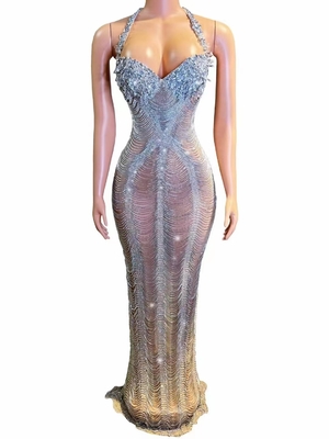 Smart Tracking Support 7-Day Fast Sampling Elegant Women's Long Crystal Party Dress for Luxury Evening Dress