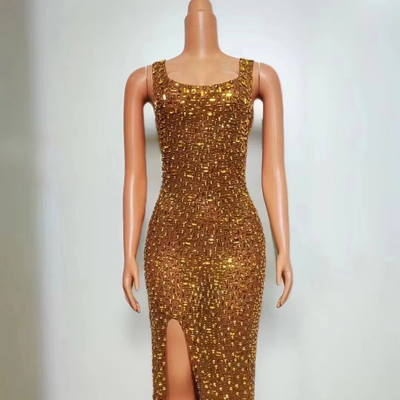 Sparkling Sensuality 240g Fabric Weight High Slit Dress with Crystal Embellishments and Handmade Diamonds