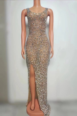 Sparkling Sensuality 240g Fabric Weight High Slit Dress with Crystal Embellishments and Handmade Diamonds