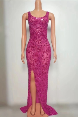 Sparkling Sensuality 240g Fabric Weight High Slit Dress with Crystal Embellishments and Handmade Diamonds