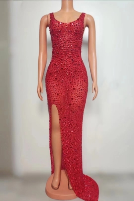 Sparkling Sensuality 240g Fabric Weight High Slit Dress with Crystal Embellishments and Handmade Diamonds