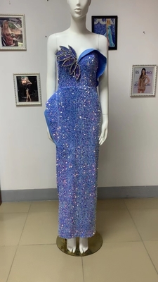 ED2365 Women's Fashionable Strapless High Slit Dance Party Dress Shimmering Crystal Sequin Evening Gown for a Chic Look