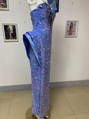 ED2365 Women's Fashionable Strapless High Slit Dance Party Dress Shimmering Crystal Sequin Evening Gown for a Chic Look