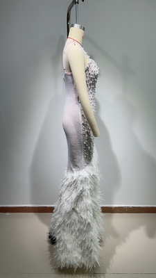 ED2658 Elegant Ladies' Floor-Length Pearl Spaghetti Strap Dress with Backless Design and Feather Embellishment