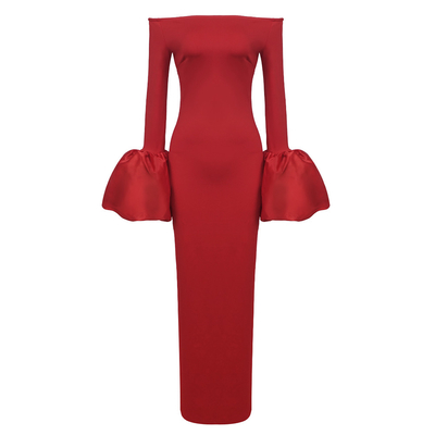 Natural Waistline LS2560 Autumn Winter Christmas Women's Fashion Long Dress with Lantern Sleeves and Straight Knife Skirt