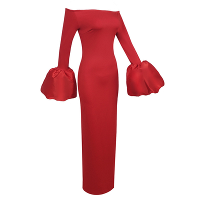 Natural Waistline LS2560 Autumn Winter Christmas Women's Fashion Long Dress with Lantern Sleeves and Straight Knife Skirt