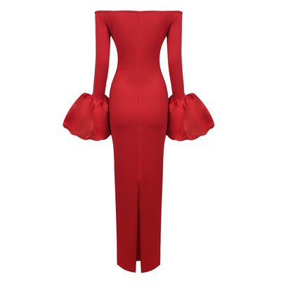 Natural Waistline LS2560 Autumn Winter Christmas Women's Fashion Long Dress with Lantern Sleeves and Straight Knife Skirt