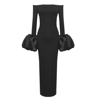 Natural Waistline LS2560 Autumn Winter Christmas Women's Fashion Long Dress with Lantern Sleeves and Straight Knife Skirt