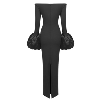 Natural Waistline LS2560 Autumn Winter Christmas Women's Fashion Long Dress with Lantern Sleeves and Straight Knife Skirt