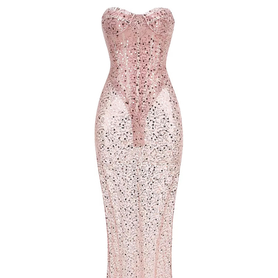 Adult Women's Sexy Mesh See-through Party Dress in Pink with Off-shoulder and Sequins Kimshein SB3101 Tight Fit No Sleeves