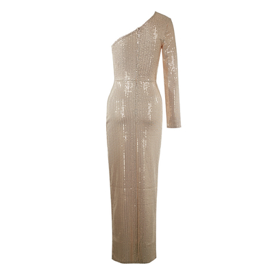 LS2562 Kimshein Long Sleeve Party Dress in Polyester and Cotton Fabric with Shiny Maxi Sequin Elegant One Shoulder Dress