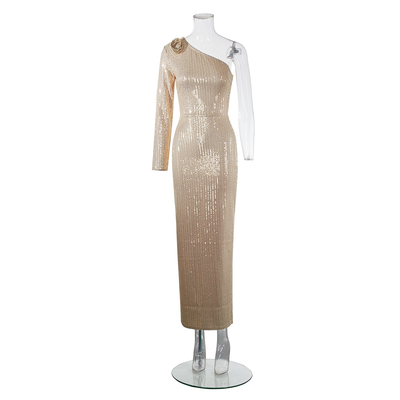 LS2562 Kimshein Long Sleeve Party Dress in Polyester and Cotton Fabric with Shiny Maxi Sequin Elegant One Shoulder Dress