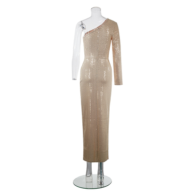 LS2562 Kimshein Long Sleeve Party Dress in Polyester and Cotton Fabric with Shiny Maxi Sequin Elegant One Shoulder Dress
