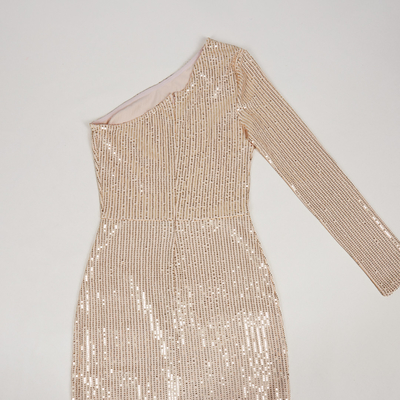 LS2562 Kimshein Long Sleeve Party Dress in Polyester and Cotton Fabric with Shiny Maxi Sequin Elegant One Shoulder Dress