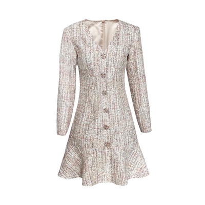 LS2564 Autumn Women's Luxurious Long Sleeve V-Neck Fashion Plaid Mini Dress in Woven Weaving Technique and V-Neck Design