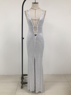 Kimshein SB3230 Women's Luxurious Clothing Sexy V-Neck Long Dress Elegant Party Dress Crystal Dress with Exquisite Design