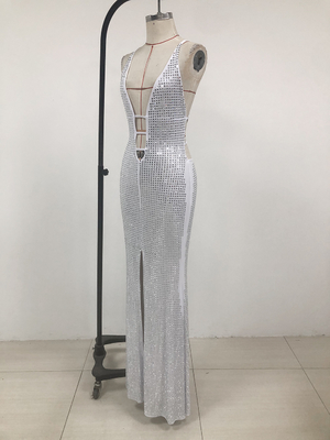 Kimshein SB3230 Women's Luxurious Clothing Sexy V-Neck Long Dress Elegant Party Dress Crystal Dress with Exquisite Design