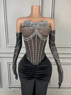 AD2152 Luxury Crystal Dress Full Sleeve Ball Gown for Women's Elegant Party Sexy Clubwear and Ballroom Dance