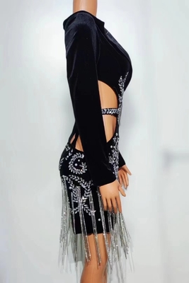 AD2143 Black Velvet Sexy Evening Dress with Handmade Crystal Rhinestone and Hollow Out Tight Fitted Bodycon Maxi Dress