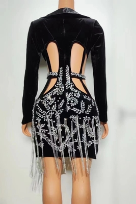 AD2143 Black Velvet Sexy Evening Dress with Handmade Crystal Rhinestone and Hollow Out Tight Fitted Bodycon Maxi Dress