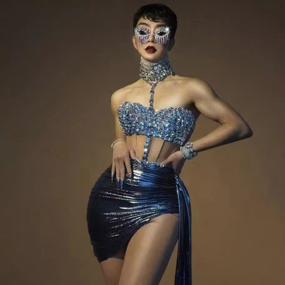 F Size AD1964 Sleeveless Top and Knee-Length Skirt Sexy Nightclub Outfit with Backless Halter Neck