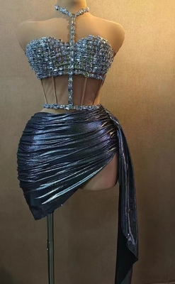 F Size AD1964 Sleeveless Top and Knee-Length Skirt Sexy Nightclub Outfit with Backless Halter Neck