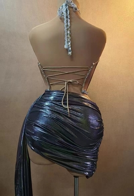 F Size AD1964 Sleeveless Top and Knee-Length Skirt Sexy Nightclub Outfit with Backless Halter Neck