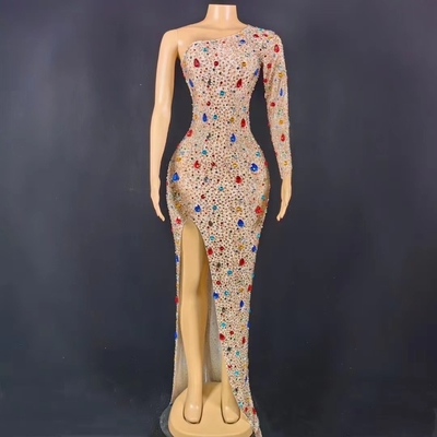 AD1753 Luxury Ball One-Shoulder Long Evening Dress with Slit and Beading in Polyester Spandex Fabric