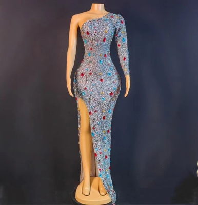 AD1753 Luxury Ball One-Shoulder Long Evening Dress with Slit and Beading in Polyester Spandex Fabric