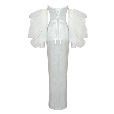 LS2230 White Off-Shoulder Raglan Sleeve Women's Party Club Wedding Dress with Flattering Silhouette and Sexy Elegance