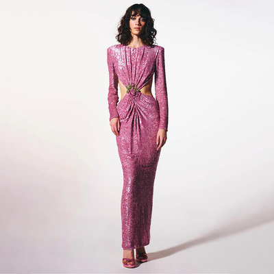 LS2225 Fashionable and Sexy Women's Long Sleeve Sequin Side Hollow Luxurious Evening Dress with Shiny Sequin Details