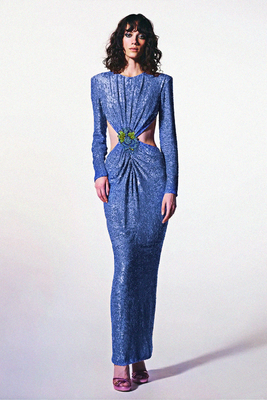 LS2225 Fashionable and Sexy Women's Long Sleeve Sequin Side Hollow Luxurious Evening Dress with Shiny Sequin Details