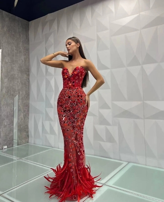 ED2559 Elegant Tight-fitting Bustier Sequin Sleeveless Off-shoulder Feather Evening Gown for Women's Formal Occasions
