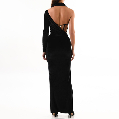 Kimshein LS2217 Women's Full Sleeve One-Shoulder Evening Dress Elegant Black Party Dress with Side Slit and Kimshein