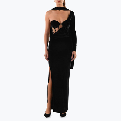 Kimshein LS2217 Women's Full Sleeve One-Shoulder Evening Dress Elegant Black Party Dress with Side Slit and Kimshein